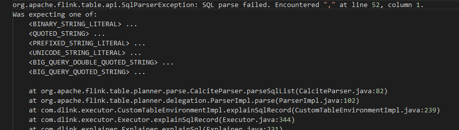 这个sql报错：SQL parse failed. Encountered "," at line 52,column 1.